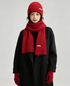 Red knitted hat scarf gloves three-piece set winter warm wool beanie neck warmer mittens