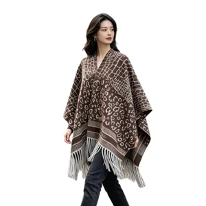 Women fashion knit cape shawl retro leopard geometric pattern stylish fringe outerwear