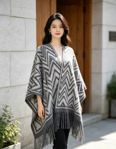 Donna imitazione cashmere motivo geometrico poncho autunno inverno mantella spessa cappotto