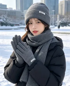 Winter gray knitted beanie scarf and gloves set for women warm outdoor snow wear style