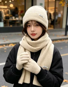Detailed close-up of the stylish beige knitted beanie hat, cozy winter scarf and matching gloves.