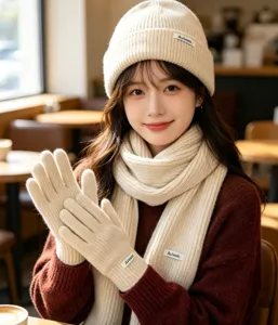 Detailed view of the cozy beige knitted winter hat, scarf, and gloves set on a model.