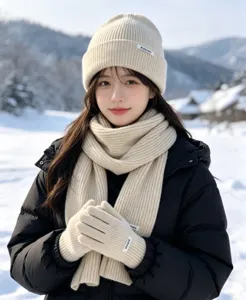 Winter knitted beanie scarf gloves set for women, cozy thermal warm three piece snow outfit.