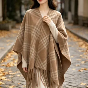 Women autumn winter plaid fringe cape stylish warm knit shawl scarf outer wear fashion apparel