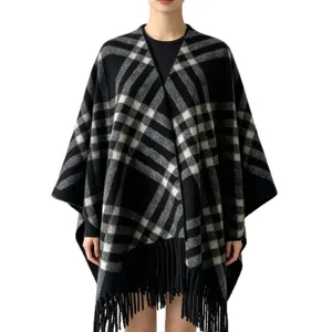 Women's autumn winter black plaid tassel poncho cape stylish warm outerwear fashion shawl