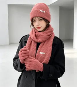 Women winter pink knitted beanie scarf gloves three piece set warm cold weather style