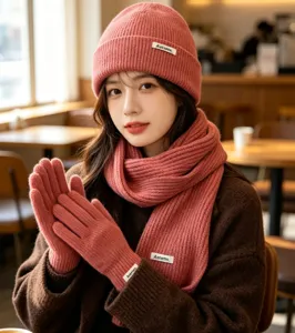Women's winter pink knitted beanie hat scarf gloves set warm cozy stylish daily wear