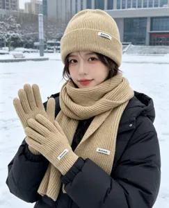 Khaki knitted hat scarf and gloves set for winter women daily wear cozy and warm style.