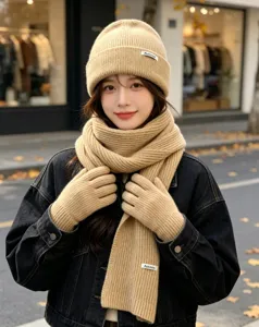 Women winter warm knit beanie hat scarf and gloves three piece set camel thick wool fashion