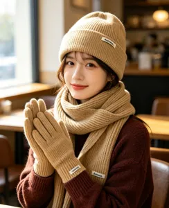 Women khaki knit winter set with beanie hat scarf gloves warm cozy chic outfit fashion apparel