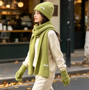 Winter knitted hat scarf and gloves set for women detail view showcasing cozy woolen texture.
