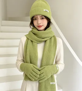 Women winter knit beanie scarf gloves set, cozy light green wool warm winter accessories.