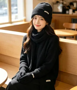 Detailed view of a woman wearing a black knitted winter hat, scarf, and gloves set in a cozy cafe.