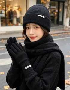 Women winter black knitted three-piece set beanie scarf gloves warm stylish cozy apparel