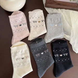Women Korean Style Heart Bow Fair Isle Mid Tube Socks Sweet Casual Cotton Blend Comfortable Daily Crew Socks