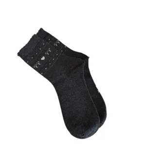 Dark grey mid-calf women cotton socks featuring pink bows and white heart knit patterns.