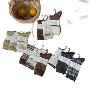 Songmu wool blend stack socks set, cozy grey and brown tones with cute lace and bow accents.
