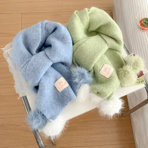 Cozy winter plush ball scarf with cute pom poms, thick warm woolen neck warmer for women.