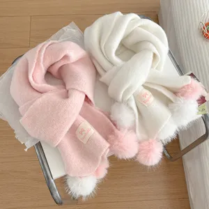 Women Winter Warm Knitted Scarf Casual Solid Color Pom Pom Long Neck Warmer Fashion Soft Cozy Scarf