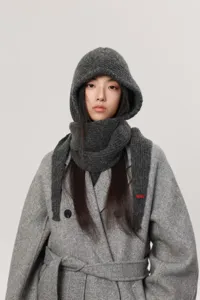 Grey knitted hooded scarf for women, warm winter balaclava with cozy fleece and ear protection.
