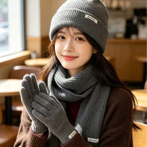 Women winter knit hat scarf and gloves set warm thick woolen beanie with neck warmer grey