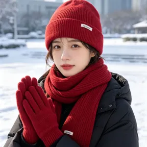 Women winter red knitted beanie hat scarf gloves three piece set warm outdoor snow