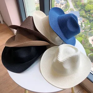 Sombrero de paja estilo cowboy occidental para hombres y mujeres, sombrero de sol de playa liso.