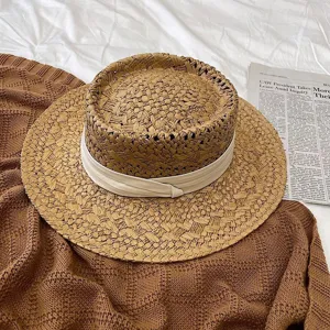 Chapeau de paille femme ete plage protection solaire haut plat large bord ruban blanc