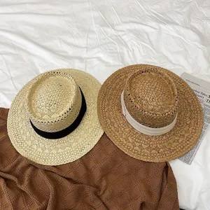Chapeau de paille femme ete plage vacances chapeau plat avec ruban protection solaire elegant