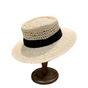 Chapeau de paille femme ete plage chapeau de soleil plat avec ruban noir coiffee elegante