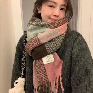 Women Winter Warm Imitation Cashmere Scarf Retro Plaid Tassel Long Shawl Versatile Daily Cold Proof Neckwear