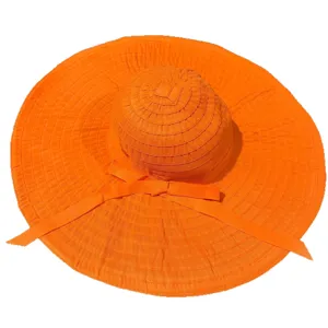 Chapeau de soleil orange à large bord pour femme, chapeau de plage pliable avec nœud.