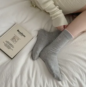 Women grey crew socks with pink trim and cute bow embroidery Korean style comfortable cotton socks