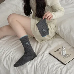 Women's Cute Bow Embroidery Slouch Socks Korean Style Contrast Color Mid Tube Casual Cotton Socks For Daily Wear