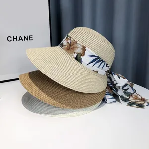 Damen Strohsonnenhut mit Blumenband, stilvoller Sommer Strand Sonnenschutz Hut Detail.