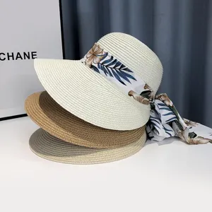 Damen Sommer Sonnenstrohhut Detail, atmungsaktiver gewebter Strandhut mit Blumenband, elegant neu.