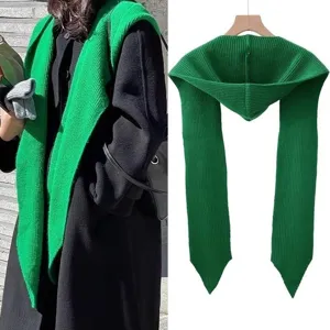 Sciarpa con cappuccio lavorata a maglia verde donna inverno caldo versatile stile coreano