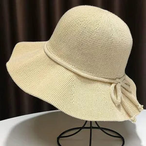 Women summer breathable knit sun hat wide brim foldable beach bucket hat beige fashion style