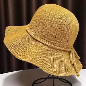 Yellow foldable summer fisherman hat wide brim breathable sun protection beach hat detail