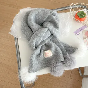 Korean style grey knitted winter scarf with cute fluffy pom poms, warm and cozy neck wrap.