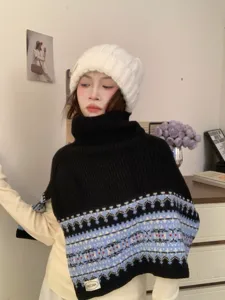 Retro Fair Isle turtleneck split knit cape scarf for women, cozy winter layering warm bib.
