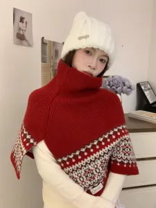 Women's vintage Fair Isle turtleneck split knit cape scarf, cozy winter thermal layering.