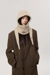 Korean winter knitted hooded scarf women warm wool balaclava ear protection stylish hats