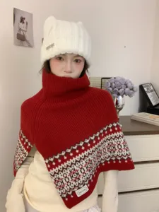 Retro Fair Isle turtleneck knitted poncho scarf for women, warm winter layering cape and neck warmer.