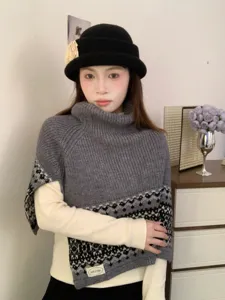 Retro Fair Isle turtleneck knit poncho scarf, stylish layered winter warm shawl for women.
