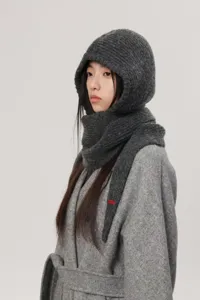 Cozy dark gray knitted balaclava scarf combo winter warm hooded hat with ear protection.
