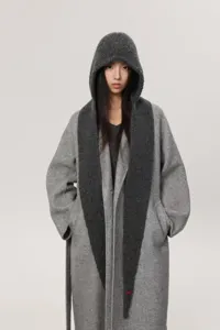 Korean style winter knitted hooded scarf balaclava and grey herringbone wool coat detail.