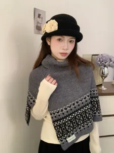 Fair Isle turtleneck knitted poncho shawl for women, retro winter warm layered cape scarf.