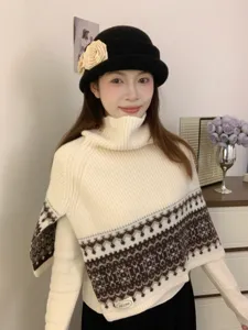 Vintage Fair Isle knitted turtleneck cape scarf, cozy winter layering outerwear and neck warmer.