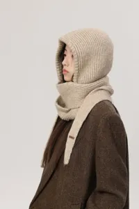 Knit balaclava hat scarf combo, winter warm wool blend hooded scarf for women detailed view.